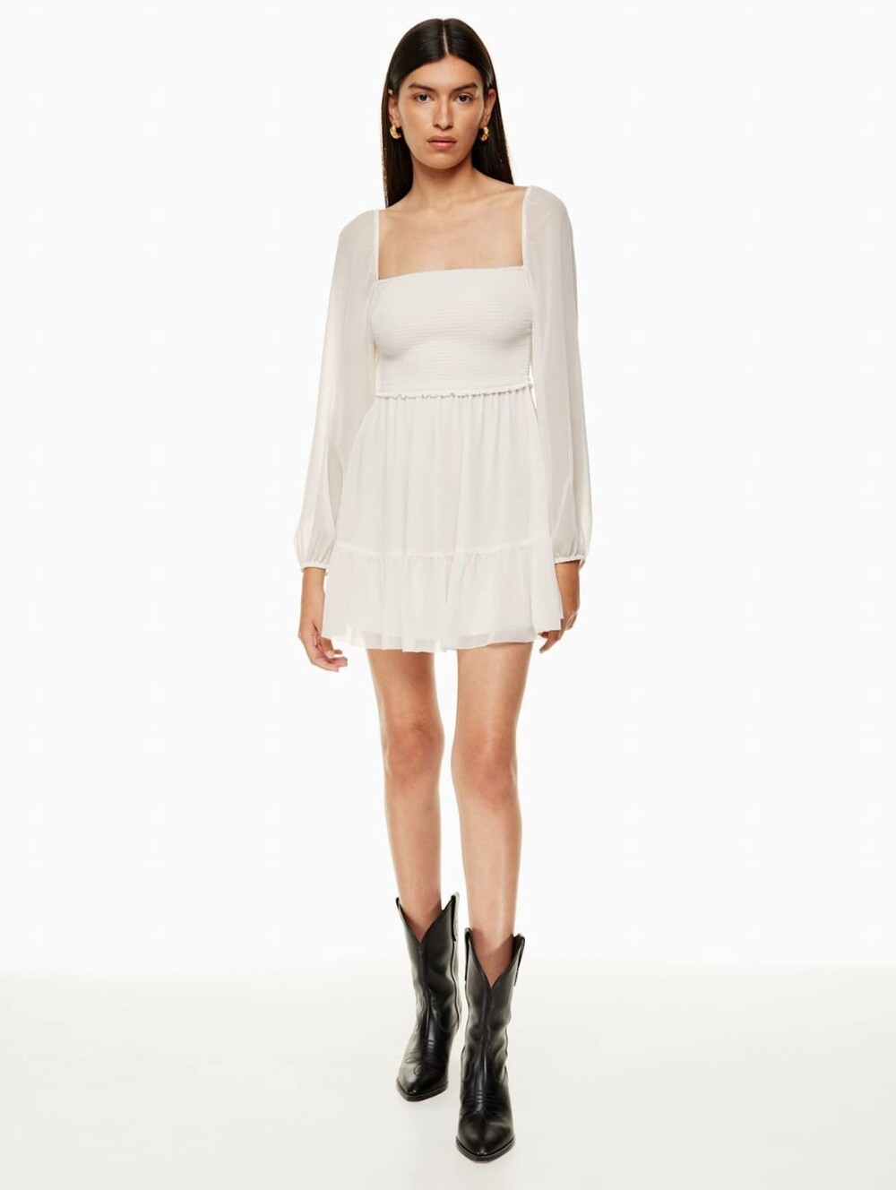 Aritzia Tempest Mini Dress Smocked chiffon mini dress White